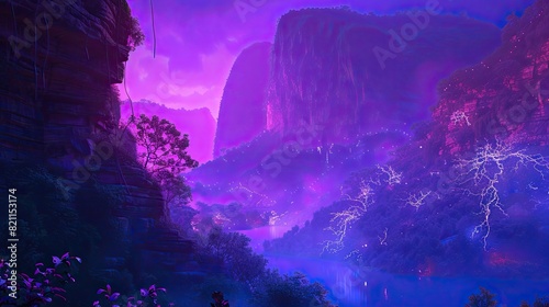 Neon-lit cliffside with glowing vegetation and central copy space