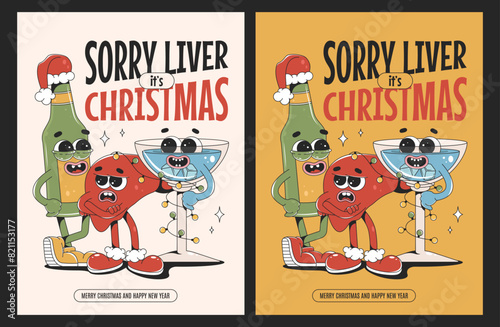 Merry Christmas and Happy New year cards in retro groovy style. Sad liver, beer and cocktail cartoon characters.