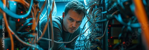 A determined technician troubleshoots network issues in a server room with a focused expression and a complex background photo