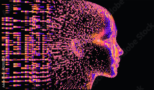 3D human face made of holographic pixels and particles on a dark background. A conceptual vector illustration of identity in virtual reality.