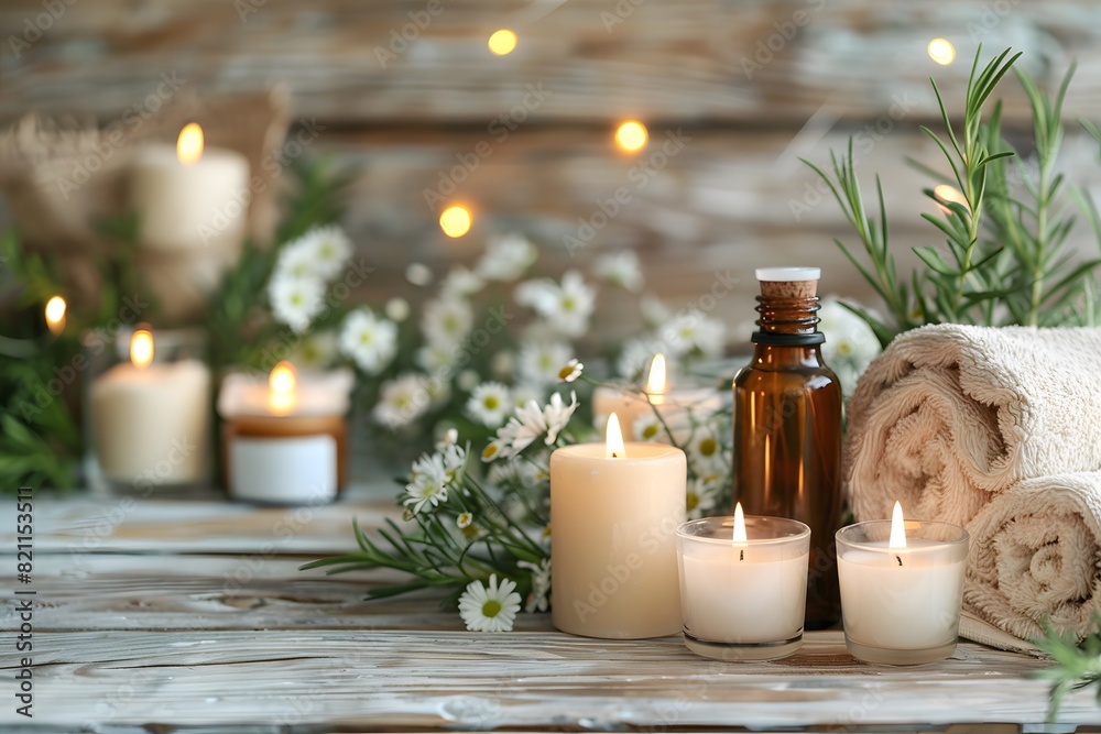 Candles and towels arranged with flowers on a table