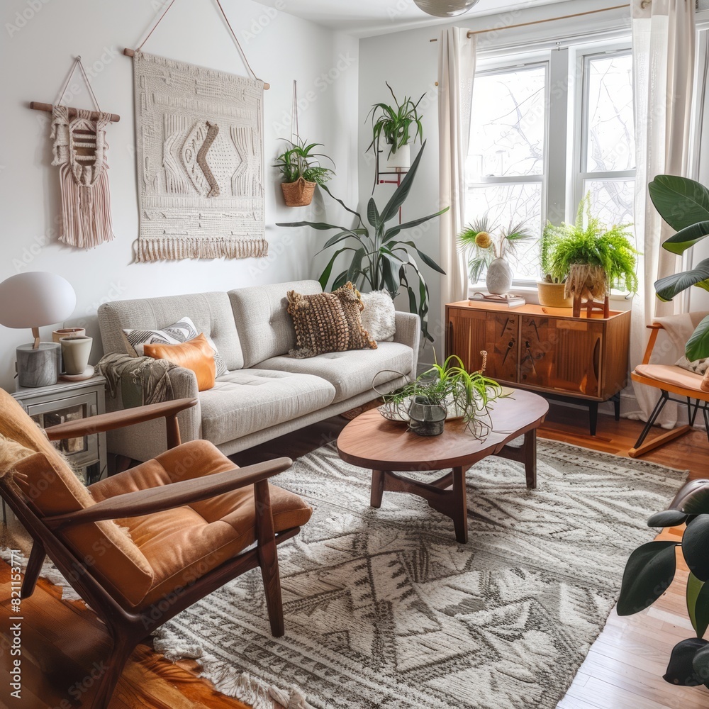 A living room with a couch, coffee table, and a few potted plants