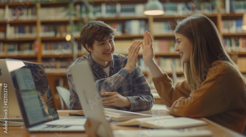 Caucasian girl and talented boy study for exams at University Library. They both give high fives after successfully completing a task. They work on assignments and use computers. College students photo