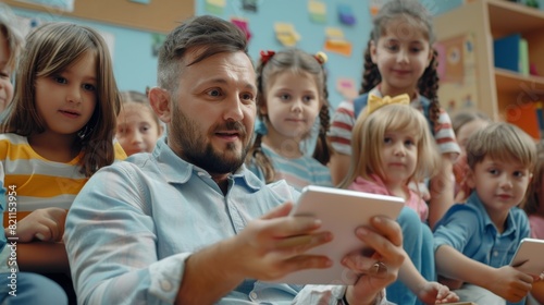 The teacher explains the lesson with the help of an iPad computer to the students. They are getting modern education from an enthusiastic and motivated teacher.