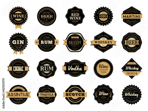 Whiskey badges. Alcohol drinks premium badges recent vector rum and whiskey production logos with place for text