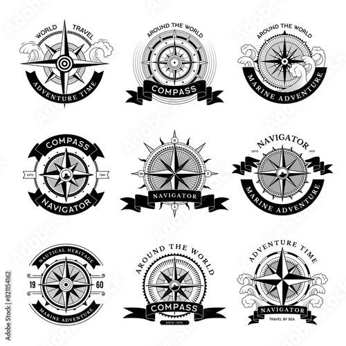Compass labels. Adventure and travel time symbols nautical marine logos collection recent vector sea stylized elements