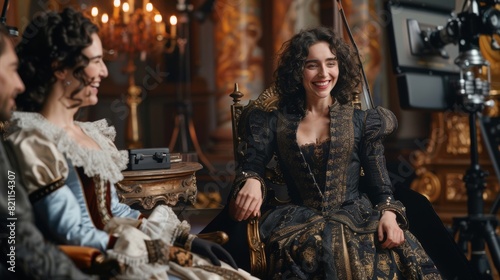 In the background, beautiful smiling actresses wearing Renaissance dresses and actor wearing motion capture suits share social media posts via smartphones. photo