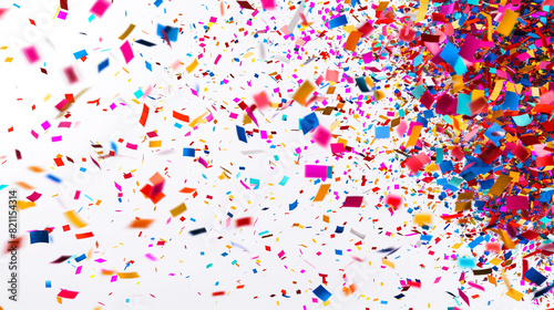 A dynamic composition capturing the moment of impact as confetti pieces collide and scatter in all directions  creating a mesmerizing explosion of color and motion. on solid white background 