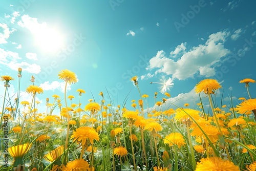 Yellow flowers in a field under a blue sky with fluffy clouds