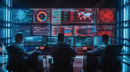 The room is low key and consists of a team of professionals with desktops showing charts, graphs, infographics, statistics, and technical neural data.