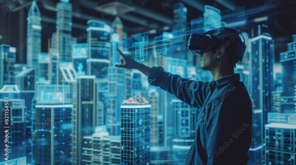 An Architect Wearing A Virtual Reality Headset Designs, Manipulates Buildings for 3D City. Mixed Augmented Reality Software. Visual Effect. An Architect Wearing A Virtual Reality Headset Designs, Manipulates Buildings for 3D City. Mixed Augmented Reality Software. Visual Effect.