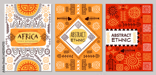 African posters. Authentic tribal geometric symbols drawn abstract shapes recent vector placards design set photo