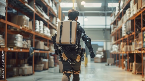 A worker in a futuristic warehouse wears a full-body powered exoskeleton as he walks with heavy cardboard boxes. Exosuits enhance human performance, strength, and prevent workers' compensation photo