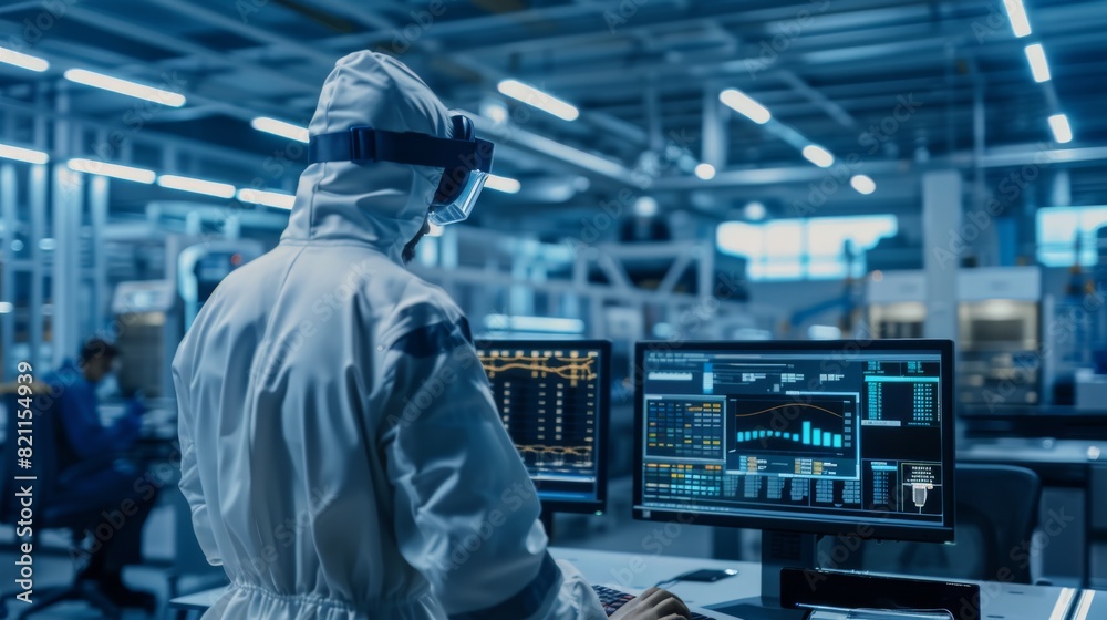 A cleanroom in an electronics factory: a scientist in coveralls works on a computer, showing infographics and software system control screens, preparing electronics for medical applications. A cleanroom in an electronics factory: a scientist in coveralls works on a computer, showing infographics and software system control screens, preparing electronics for medical applications.