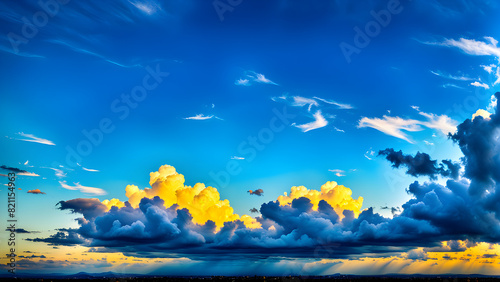 Blue sky and yellow clouds  like scenery in comics  beautiful sunset  beautiful background  used for product display