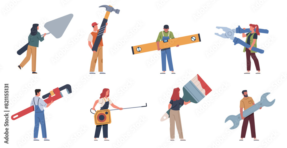 Tiny people with instruments. Craftsmen in work clothes hold various repair and construction tools, professional workers. Carpentry cartoon flat style isolated illustration vector repair set Tiny people with instruments. Craftsmen in work clothes hold various repair and construction tools, professional workers. Carpentry cartoon flat style isolated illustration vector repair set