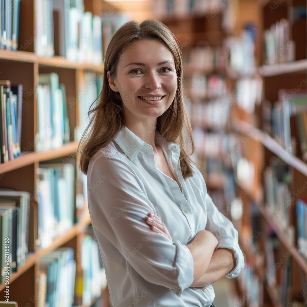 Female Librarian in Library with Bookshelves and a Smile