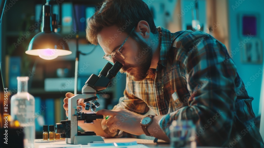 Portrait of Male Scientist Using Microscope, Writing Down Analysis Information. Advanced Scientific Lab for Medicine, Biotechnology and Microbiology Development. Portrait of Male Scientist Using Microscope, Writing Down Analysis Information. Advanced Scientific Lab for Medicine, Biotechnology and Microbiology Development.