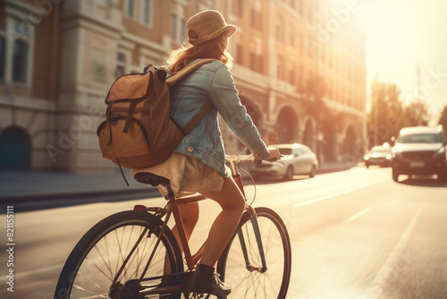A beautiful adult of South-African hipster woman riding her bicycle to work, a backside portrait of a woman commuting on a bicycle on a sunny day in an urban street at mid-day