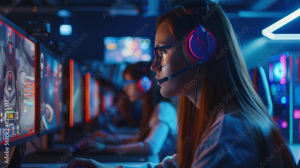 A professional gamer plays a computer game using RPG strategies in a championship. An Esport Team Plays in a Mock-up Video Game Arena. A styled neon photo has a side view shot. A professional gamer plays a computer game using RPG strategies in a championship. An Esport Team Plays in a Mock-up Video Game Arena. A styled neon photo has a side view shot.