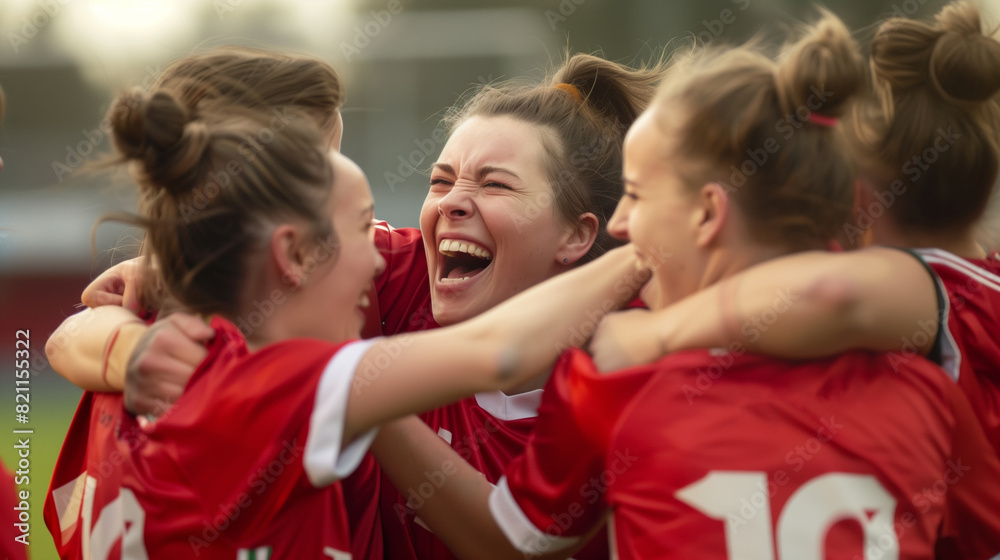 Obraz premium A women's football team celebrating their victory with joy and laughter, embracing each other in a close-knit group on the field