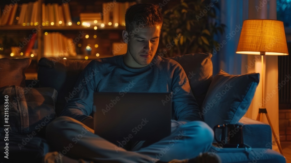 An attractive Caucasian man sits on a sofa in a dark, cozy living room. He is a freelancer from home. He is browsing the Internet, using social networks, having fun.