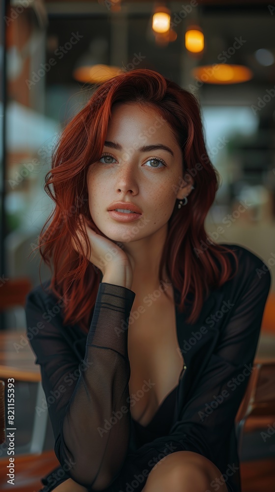 business woman with dark scarlet hair. Straight haircut. looks at the camera and holds his chin. business woman with dark scarlet hair. Straight haircut. looks at the camera and holds his chin.