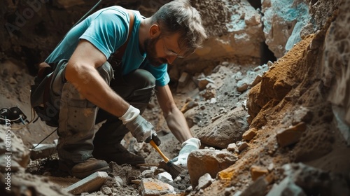 Archeology Digging Site: Two great archeologists clean cultural artifacts with brushes and tools on an excavation site. Findings from Ancient Civilizations: Temple, Architecture, Fossil Remains.