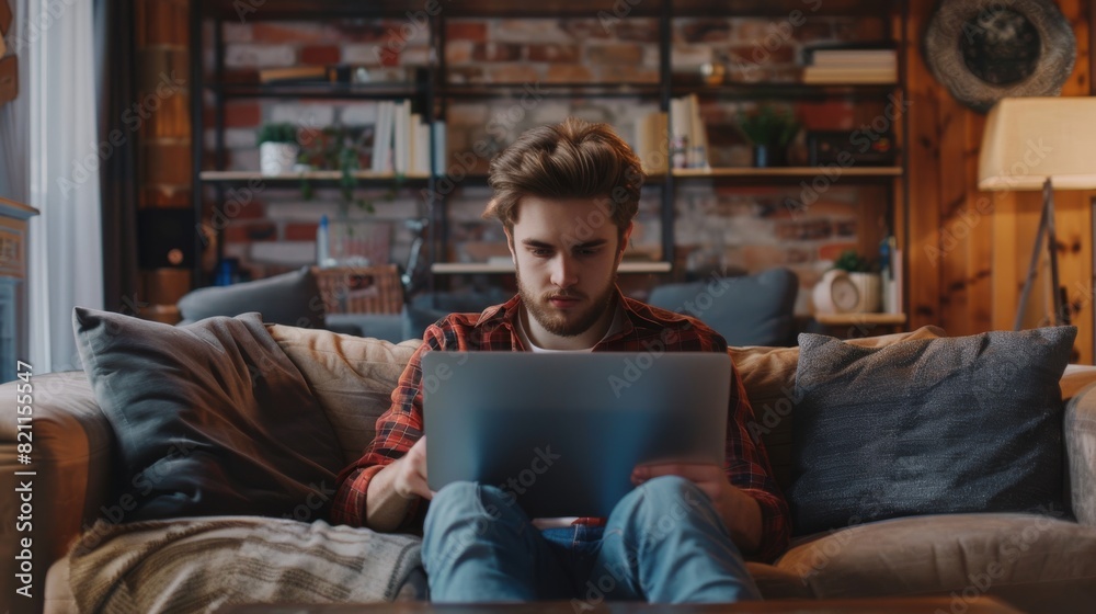 Working on a laptop computer while seated on a sofa couch in a stylish living room. Freelancer working from home. Using social networks and browsing the internet. Working on a laptop computer while seated on a sofa couch in a stylish living room. Freelancer working from home. Using social networks and browsing the internet.