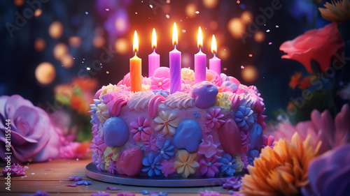 A birthday cake with flower decorations and colorful candles and a hearts of light on the background