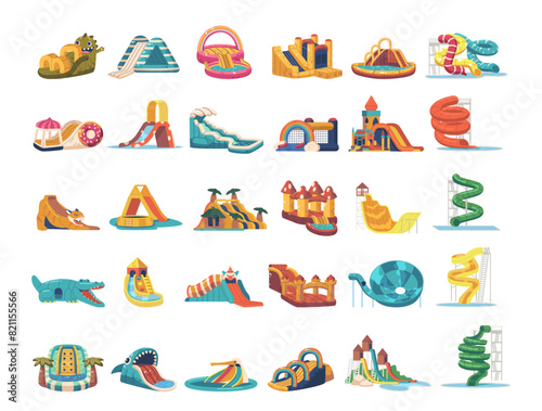 Vector Set Of Inflatable Slides And Pool Sets For Children, Variety Of Colorful Designs From Animal-themed Slides To Castles
