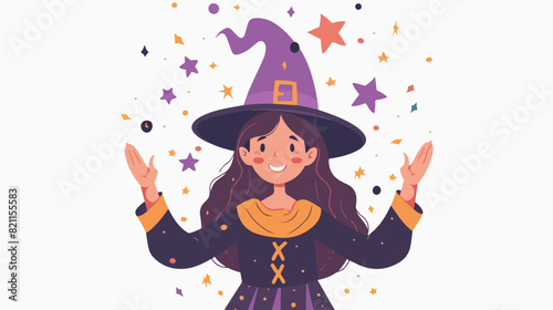 Cute girl in witch hat conjures. Young female magician