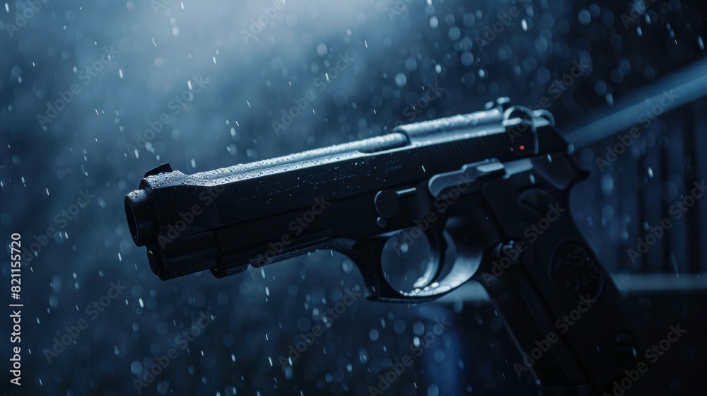 A gun is shown in a blurry, wet, and dark setting A gun is shown in a blurry, wet, and dark setting