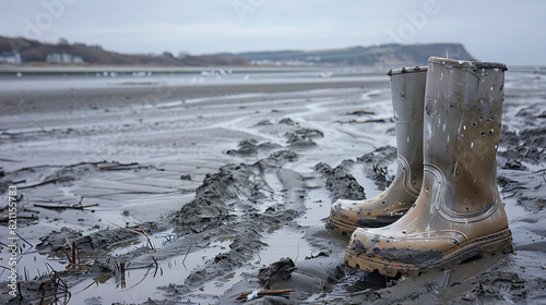 Rubber boots in the mudflats, capturing the essence of coastal life. Symbolic of resilience and exploration amidst the dynamic tides of nature. Perfect for environmental themes