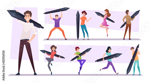 People with stylus. Abstract cartoon characters holding stylus for digital drawing exact vector concept pictures set