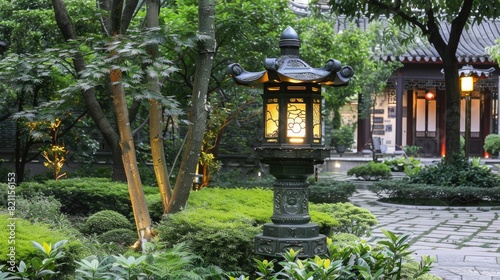 an outdoor park with the warm glow of a Chinese-style garden lamp, adorned in dark green and bronze hues, featuring classical architectural motifs on its base reminiscent of traditional lanterns.