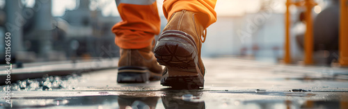 a person wearing a classy shoes and walking on the road Fashionable on blurred background photo