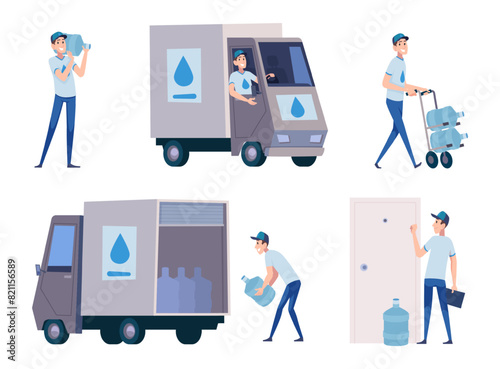 Water delivery. People deliver with aqua plastic big bottles holdings and transporting exact vector cartoon illustrations