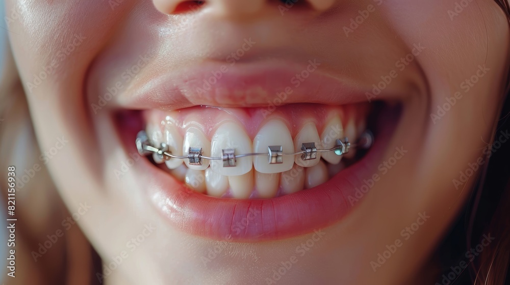 Fototapeta premium Close-up of a happy woman with healthy white teeth with metal braces. Pediatric dentistry, orthodontic concept 