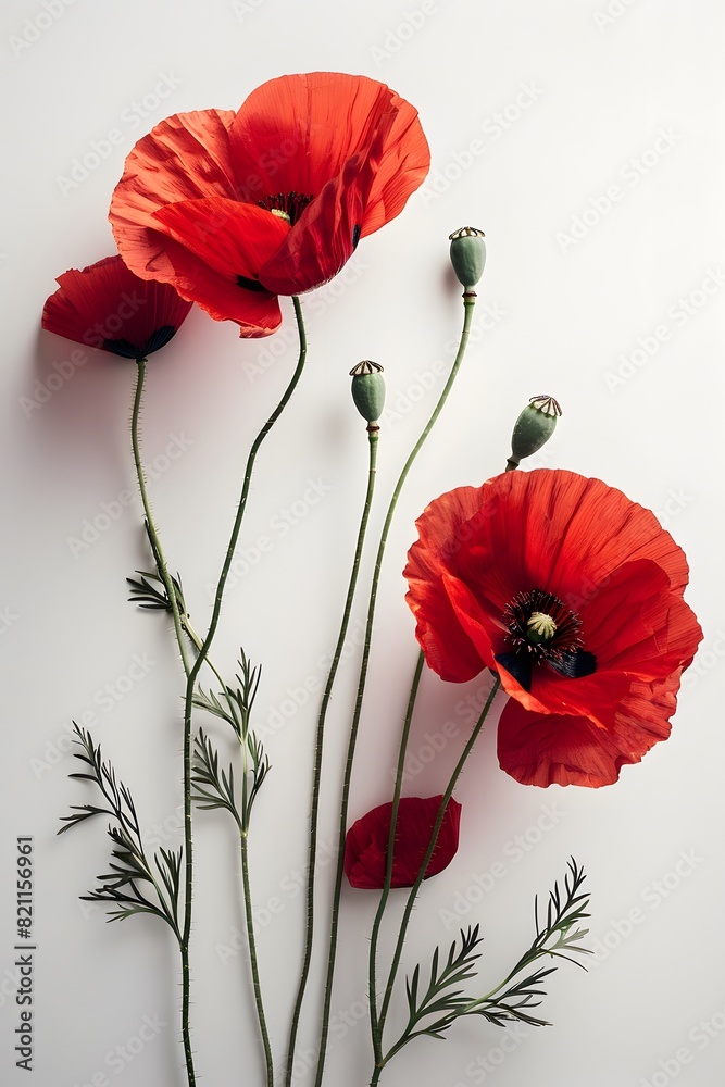 Obraz premium Three red flowers on white surface