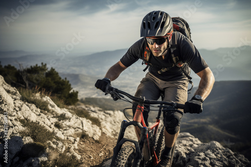 A stunning foto of a adult and Asian man riding his bicycle on a rocky mountain, a backside portrait of a guy racing his mountain-bike on a hillside full of rocks at mid-day photo