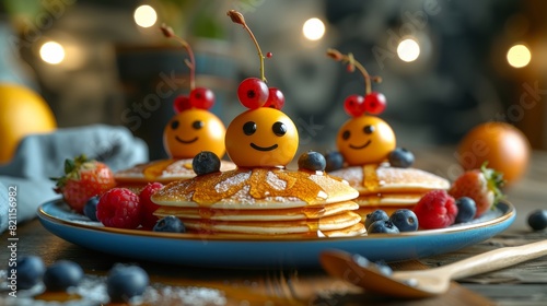Edible cartoon figures of berries on pancakes. dish for children