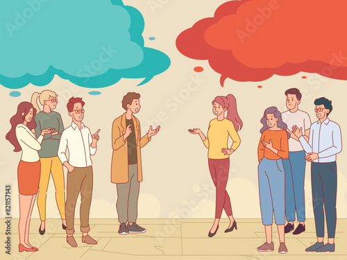 Confrontation people groups. Opposing opinions, conflict between opponents, social dispute, discuss with speech bubbles, debate different sides cartoon flat isolated vector concept