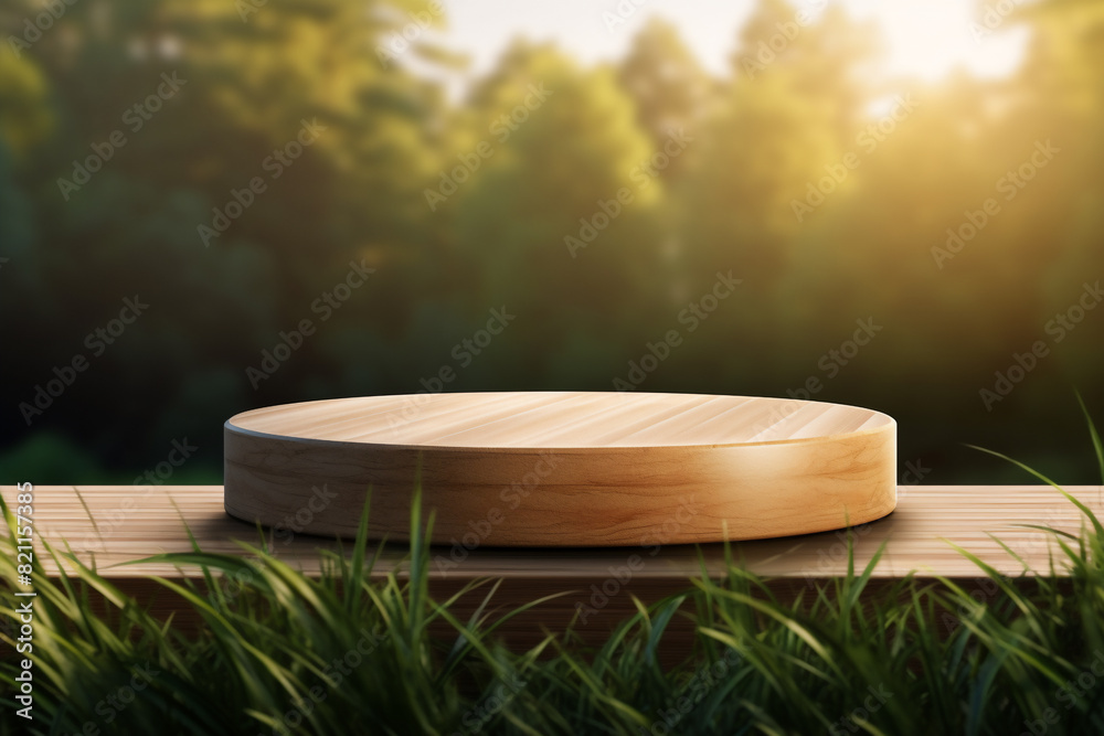 An empty round wooden podium set amidst a lush grass nature environment and minimalist background a product display background or wallpaper concept with front-lighting An empty round wooden podium set amidst a lush grass nature environment and minimalist background a product display background or wallpaper concept with front-lighting