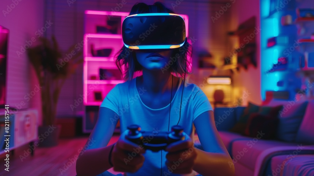 Fototapeta premium Young female gamer with short hair playing virtual reality game in her living room while wearing a modern headset and using a controller.
