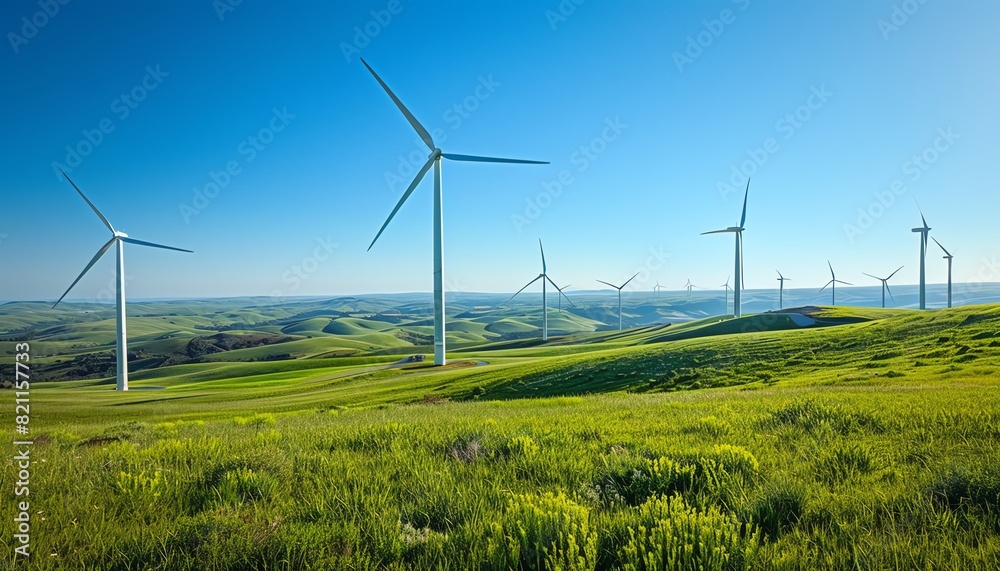 Create a breathtaking visual of a wind turbine field on a clear blue sky day with green fields stretching to the horizon Create a breathtaking visual of a wind turbine field on a clear blue sky day with green fields stretching to the horizon