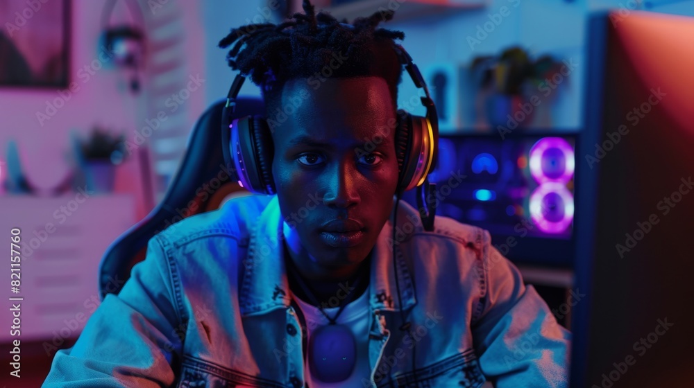 Stylish young black man playing a video game online on his computer wearing headphones. Stylish young black man talking to fans in chat. Gameplay perspective. Stylish young black man playing a video game online on his computer wearing headphones. Stylish young black man talking to fans in chat. Gameplay perspective.