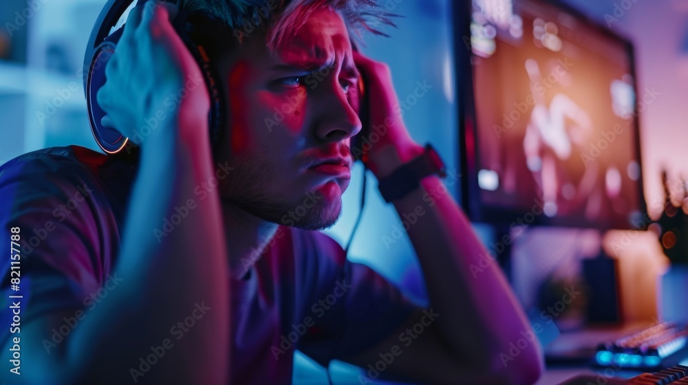Stylish, Professional Gamer Spends Time at Home in Loft Apartment While Playing Online Video Game on Personal Computer. Portrait of a Frustrated Gamer. Stylish, Professional Gamer Spends Time at Home in Loft Apartment While Playing Online Video Game on Personal Computer. Portrait of a Frustrated Gamer.