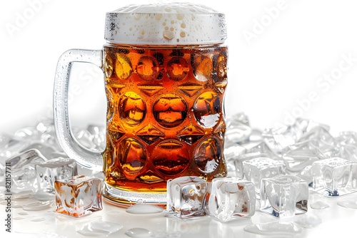 A glass of beer with ice cubes on the table