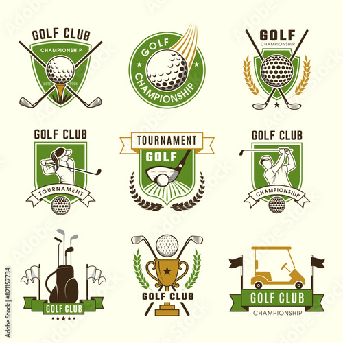 Golf club badges. Sport game golf banners with tools balls cups and sticks recent vector template